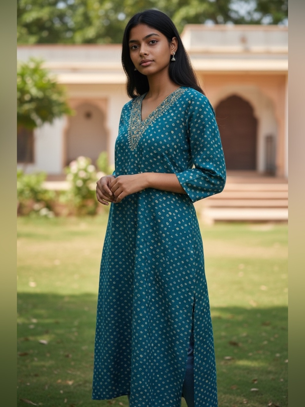 Teal Embroidered V-Neck Women’s Salwar Kamiz Set